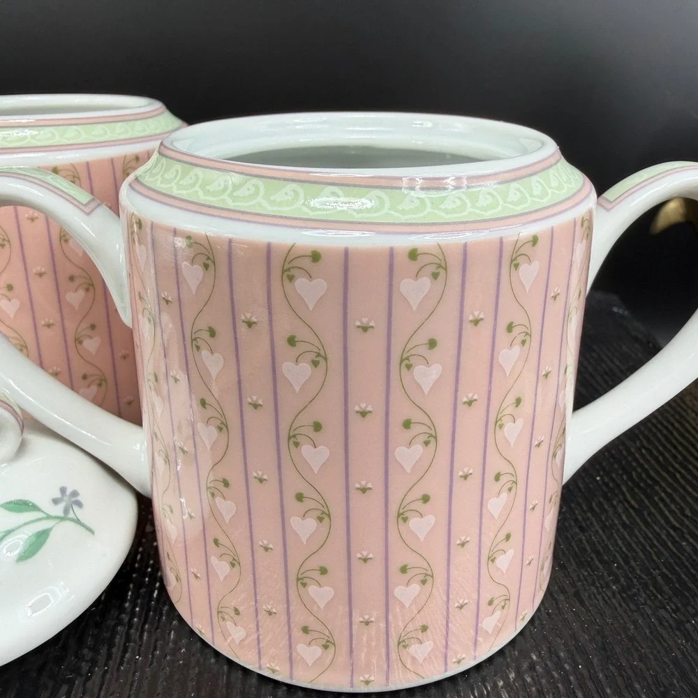 Lynn Hollyn Toscany Town Country Creamer Sugar‎ Bowl Set Pink Heart Stripe Japan